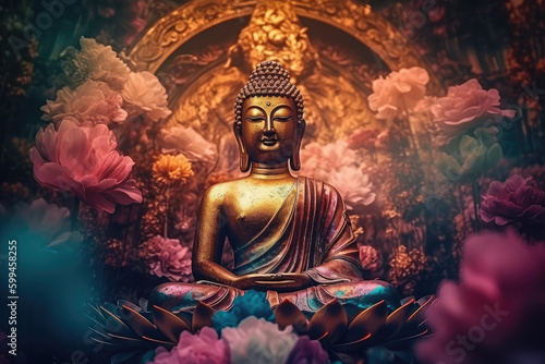 golden buddha statue with glowing chakra and beautiful fantasy vintage wallpaper, generative AI