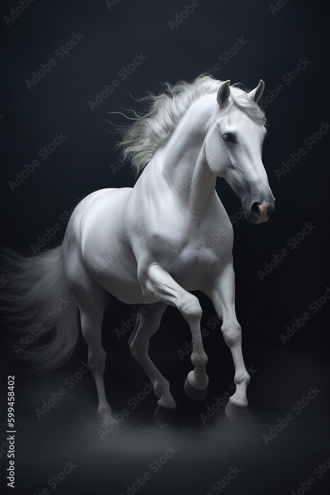 Galloping white horse with beautiful flowing mane. Photorealistic portrait. generative art