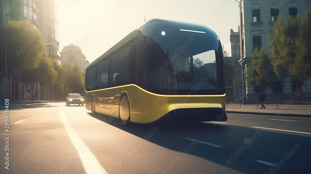 Futuristic public transport. Bus at the city street. Beautiful generative art