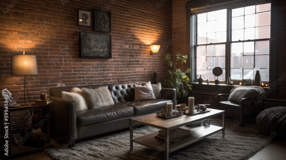 Interior design of Living Room in Industrial style with Exposed Brick ...