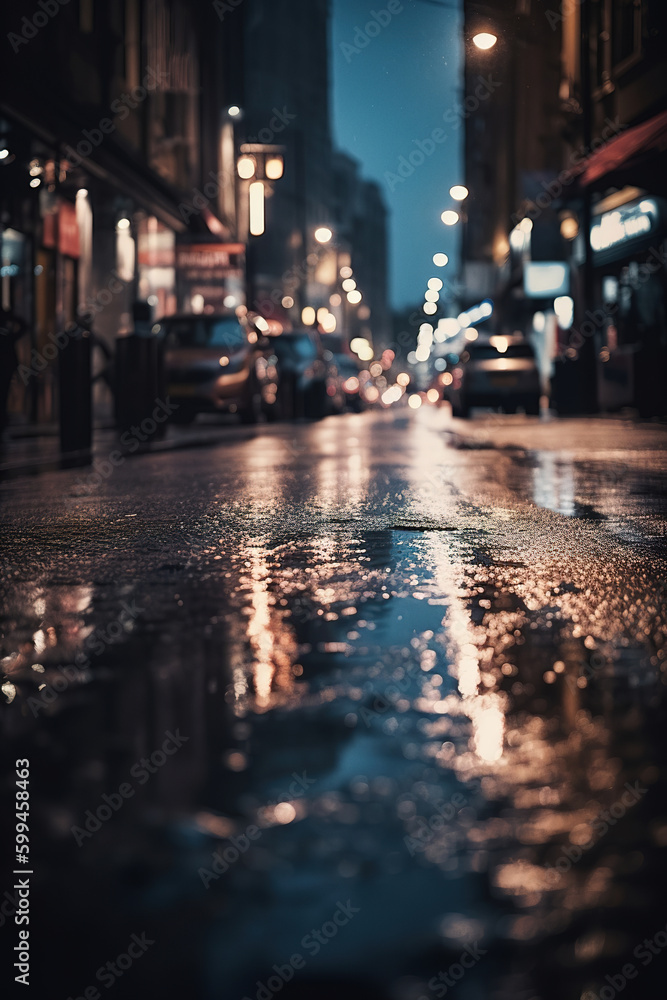 Puddles on the road in the night. Abstract urban background, low angle view. Generative art