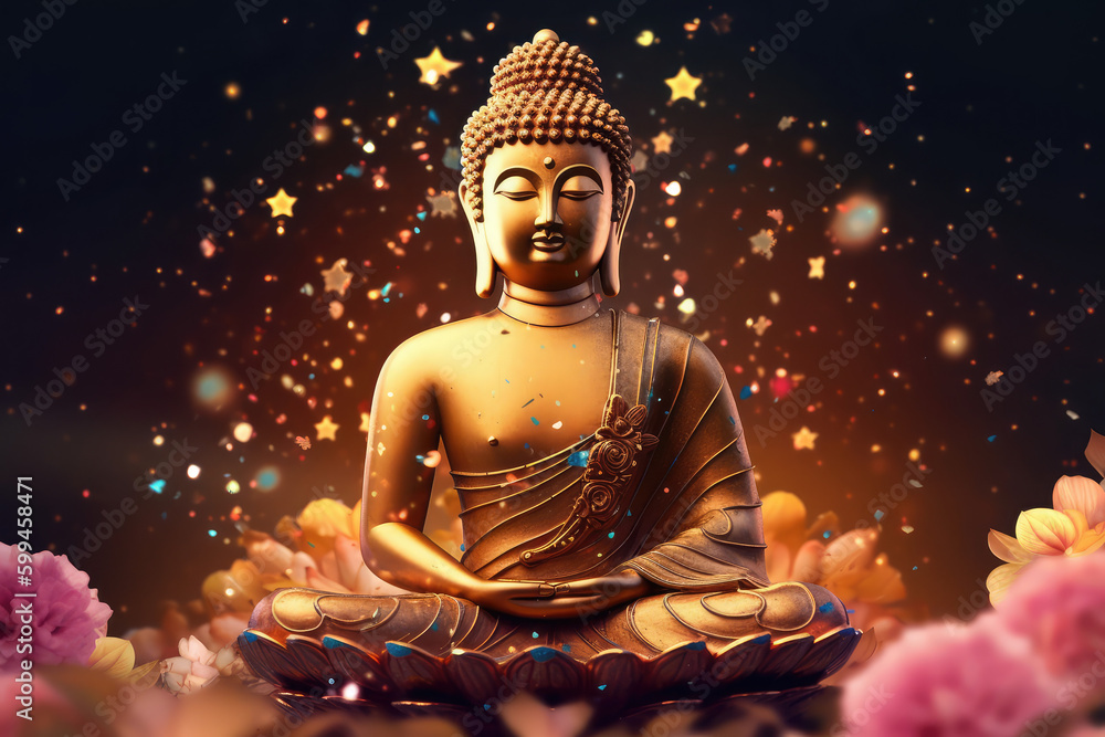 golden buddha statue with glowing chakra and beautiful fantasy vintage wallpaper, generative AI