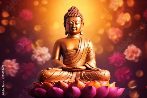 golden buddha statue with glowing chakra and beautiful fantasy vintage wallpaper, generative AI