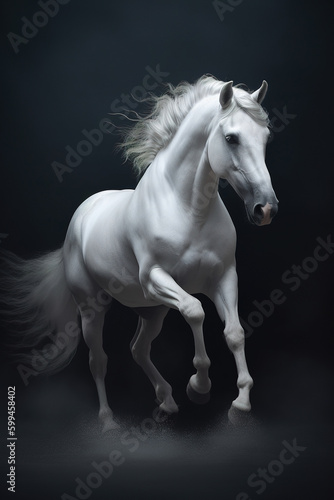 Galloping white horse with beautiful flowing mane. Photorealistic portrait. generative art © Cheport