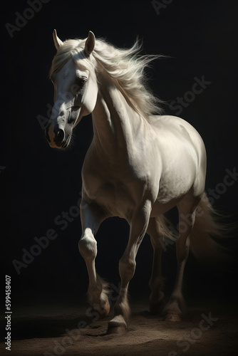 Galloping white horse with beautiful flowing mane. Photorealistic portrait. generative art © Cheport
