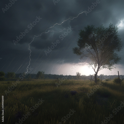 Heavy rain and lightning in the field and lonely tree. Dramatic landscape, generative art