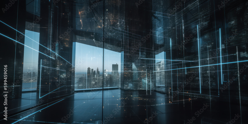 AI neural network cyber technology business center in a skyscraper. AI generation AI neural network cyber technology business center in a skyscraper. AI generation