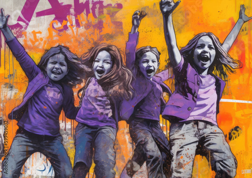 Close up on four girls shouting, generative ai illustration