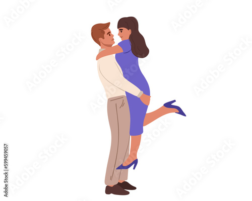 Loving boyfriend picks up his girlfriend and holds, profile side view. Romantic couple expresses their love for each other