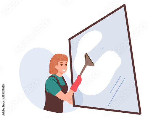 Young woman housekeeper washes window glass. Professional cleaning of the house, provision of sanitary services. Cartoon vector illustration