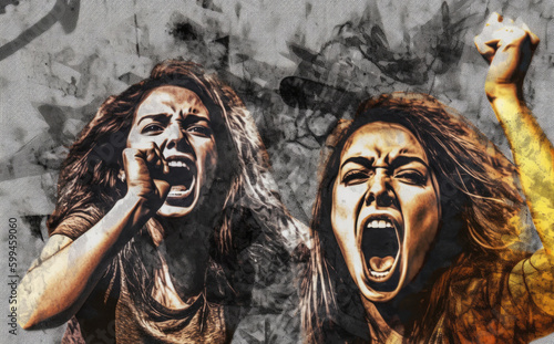 Close up on two women shouting  generative ai illustration