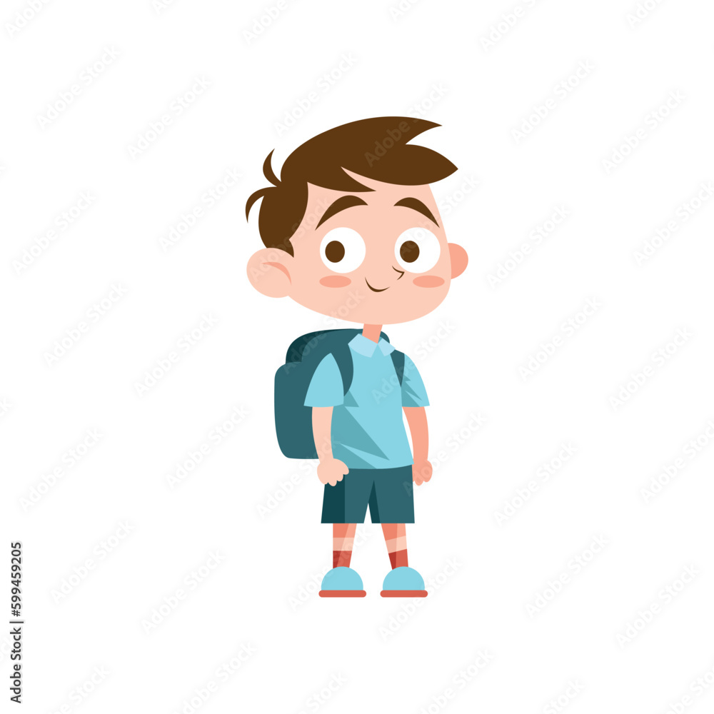 Smiling schoolboy walking with backpack on blue
