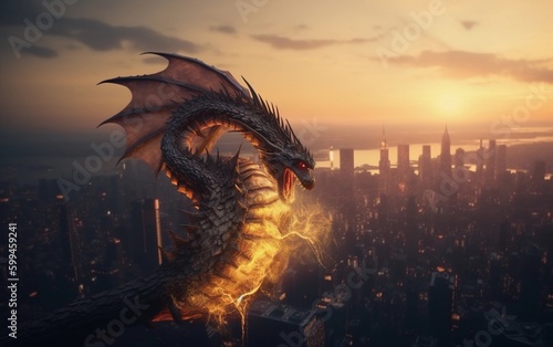 Dragon is flying over a city with a sunset in the background created with Generative AI technology