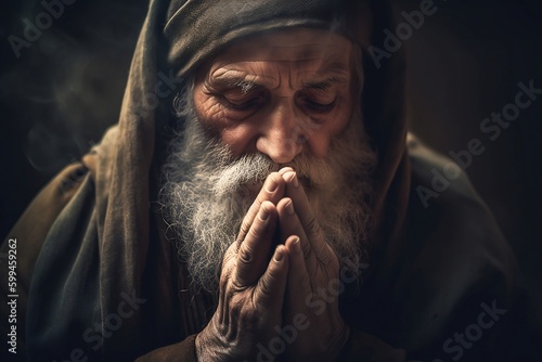 Fotografia Old man praying in the dark room with his hands folded in prayer created with Ge