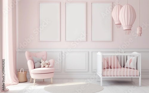 Pink nursery room with three blank frames mockup on the wall and with a white crib created with Generative AI technology