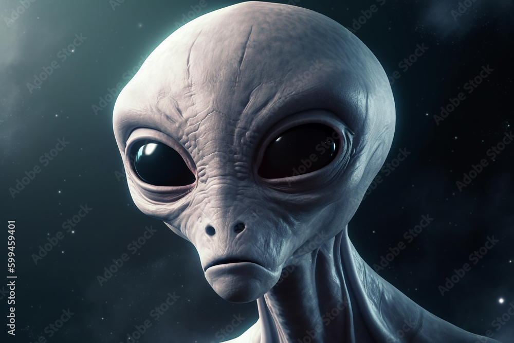 Alien or extraterrestrial, sci-fi, horror concept. Gray alien portrait with big heads and dark big eyes in space background. Generative AI Alien or extraterrestrial, sci-fi, horror concept. Gray alien portrait with big heads and dark big eyes in space background. Generative AI