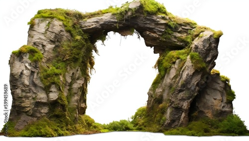 Ancient boulder forms cave entrance, moss-covered