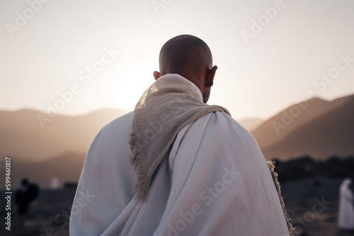 Back View of a Moslem Pilgrim Wearing Hajj Clothes in Arabian Desert of Arafah photo
