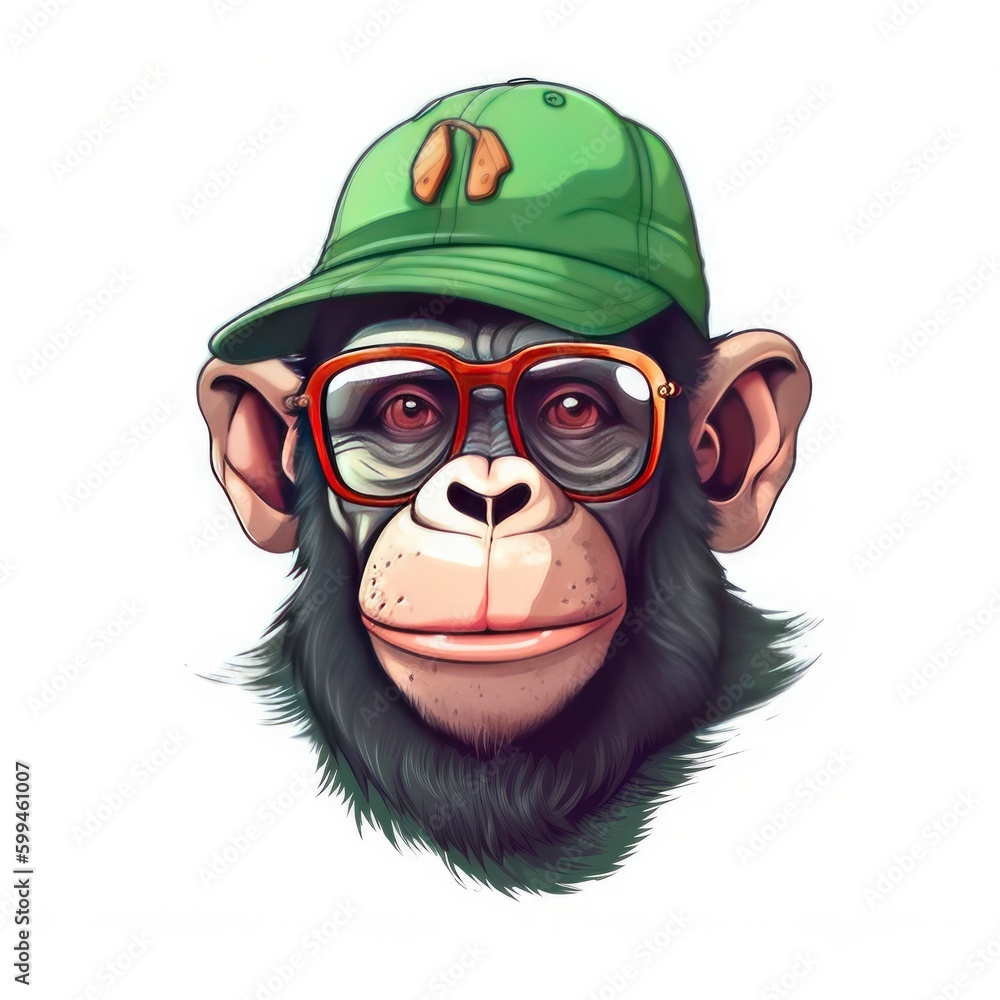 Fototapeta premium Chimpanzee monkey in a green cap and sunglasses