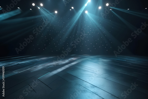 Empty concert hall of a discotheque or club, stage floor illuminated by spotlights. Generative AI