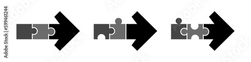 Puzzle arrow. Stacked jigsaw puzzle creates an arrow icon for design. Flat style illustration isolated on white background. Vector EPS 10