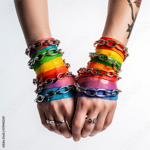 Female hands with colorful bracelets and chains, LGBT, pride day