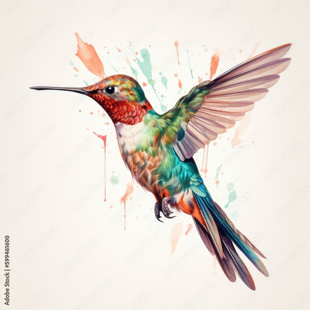 Fototapeta premium Hummingbird with colorful splashes. Watercolor hand drawn illustration.