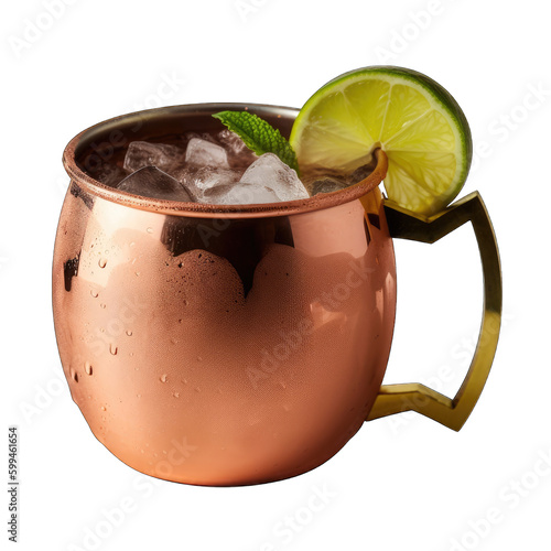 Moscow mule cocktail in copper mug with ice and lime