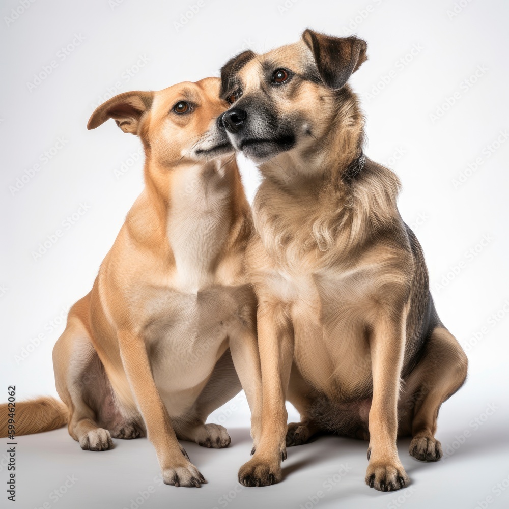 Two mixed breed dogs sitting on a white background. Studio shot.