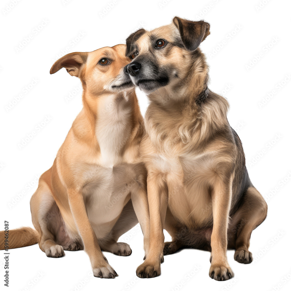 Two mixed breed dogs sitting on a white background. Studio shot.