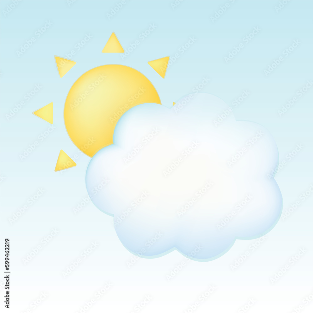 Sun and cloud. Cute pastel cartoon of weather symbol. 3D vector illustration isolated on blue background. Sun and cloud. Cute pastel cartoon of weather symbol. 3D vector illustration isolated on blue background.