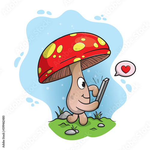 A cute mushroom walking in a forest and dropping a like on his phone.