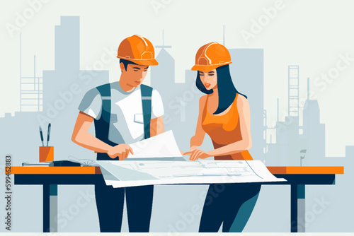 Architect and engineer working on construction site. Engineering, building, engineering, architecture, teamwork concept. Vector illustration in cartoon style