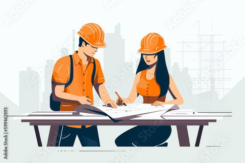 Architect and engineer working on construction site. Engineering, building, engineering, architecture, teamwork concept. Vector illustration in cartoon style
