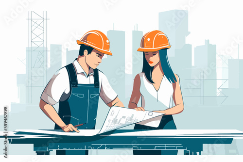 Architect and engineer working on construction site. Engineering, building, engineering, architecture, teamwork concept. Vector illustration in cartoon style