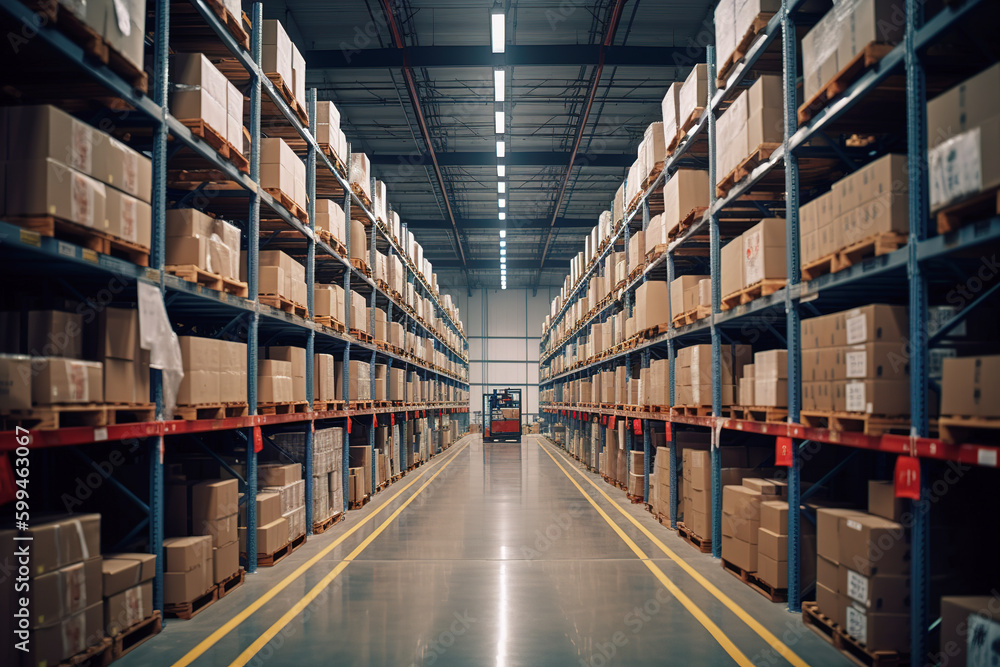 Rows of shelves with goods boxes in modern industry warehouse store at factory warehouse storage Rows of shelves with goods boxes in modern industry warehouse store at factory warehouse storage