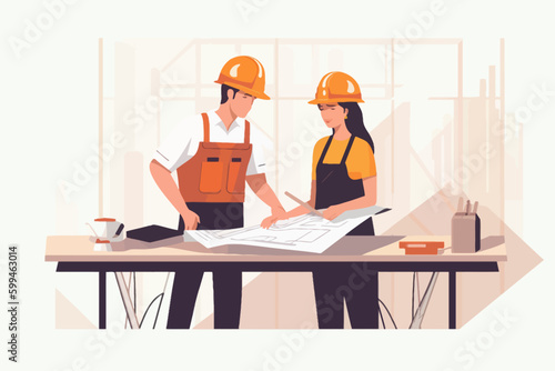 Architect and engineer working on construction site. Engineering  building  engineering  architecture  teamwork concept. Vector illustration in cartoon style
