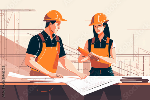 Architect and engineer working on construction site. Engineering, building, engineering, architecture, teamwork concept. Vector illustration in cartoon style