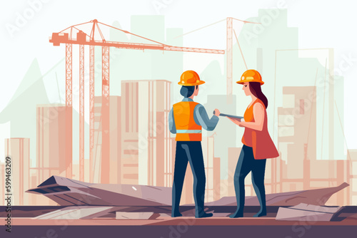 Architect and engineer working on construction site. Engineering, building, engineering, architecture, teamwork concept. Vector illustration in cartoon style