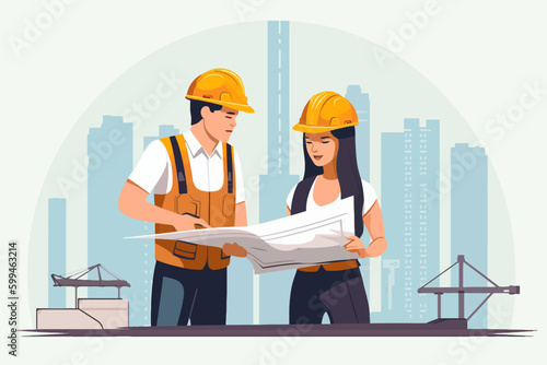 Architect and engineer working on construction site. Engineering, building, engineering, architecture, teamwork concept. Vector illustration in cartoon style