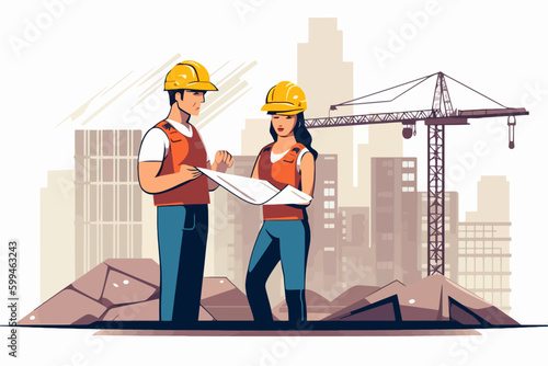Architect and engineer working on construction site. Engineering, building, engineering, architecture, teamwork concept. Vector illustration in cartoon style