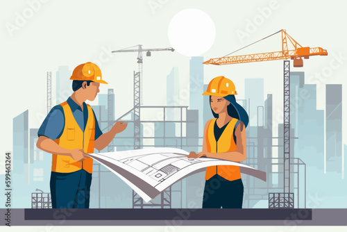 Architect and engineer working on construction site. Engineering, building, engineering, architecture, teamwork concept. Vector illustration in cartoon style