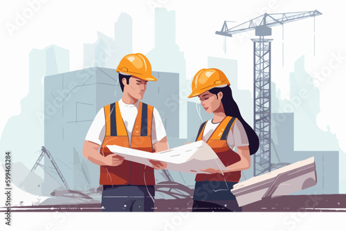 Architect and engineer working on construction site. Engineering, building, engineering, architecture, teamwork concept. Vector illustration in cartoon style