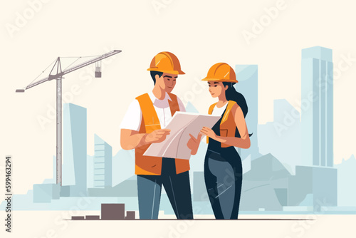 Architect and engineer working on construction site. Engineering, building, engineering, architecture, teamwork concept. Vector illustration in cartoon style
