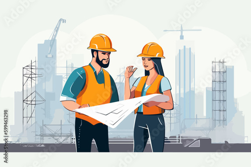 Architect and engineer working on construction site. Engineering, building, engineering, architecture, teamwork concept. Vector illustration in cartoon style