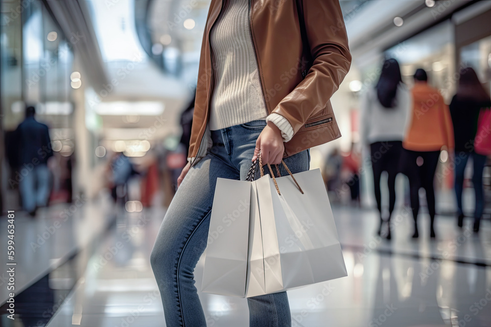 Naklejka premium The blurred background of the shopping mall and a white shopping bag wearing a trench coat girl