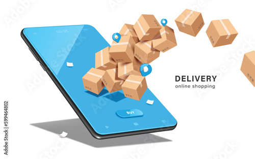 Parcel box or cardboard box floats out of blue smartphone screen after a customer presses button below to place an order