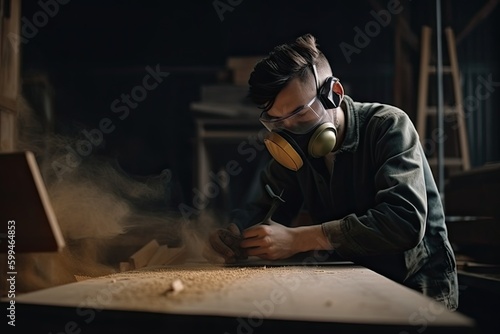 Young man carpenter wearing a dust mask factory workers Skilled carpenter cutting wood in his woodworking workshop with copy space
