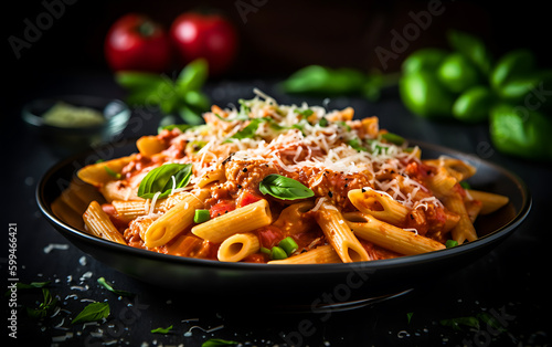 Penne pasta with tomato sauce, parmesan cheese and basil on dark background