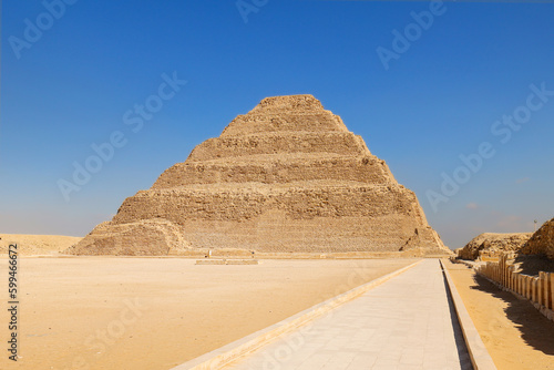 Step Pyramid of Saqqara, the oldest surviving large stone building in the world, in Giza, Egypt. Pharaoh Djoser circa 2650 BC.